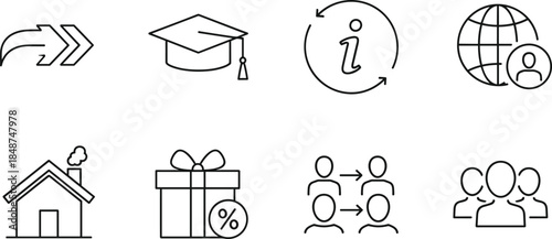 Education and communication line icons set showing online learning, global users, information cycle, gifts, home, teamwork concepts, business
