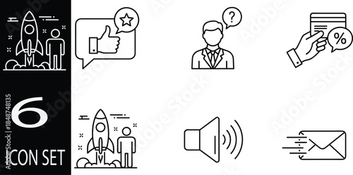Startup marketing and business communication line icon set for feedback, promotion, messaging, launch, support, and growth concepts