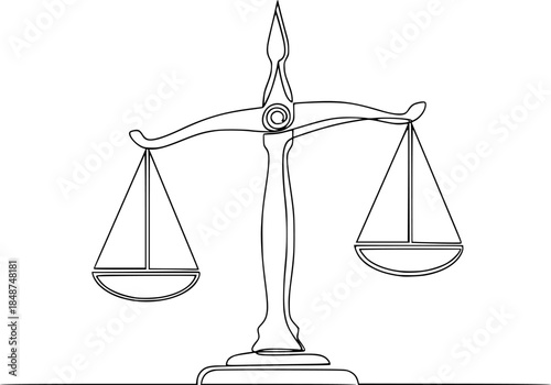 Court legal scale in continuous one drawing. Libra or law identity concept simple vector illustartion, One solid line draws the balance of law and the scope of justice. Libra thin icon.