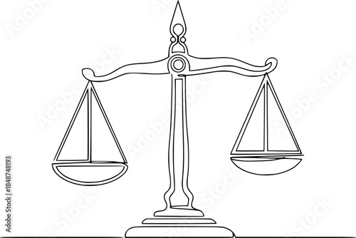Court legal scale in continuous one drawing. Libra or law identity concept simple vector illustartion, One solid line draws the balance of law and the scope of justice. Libra thin icon.