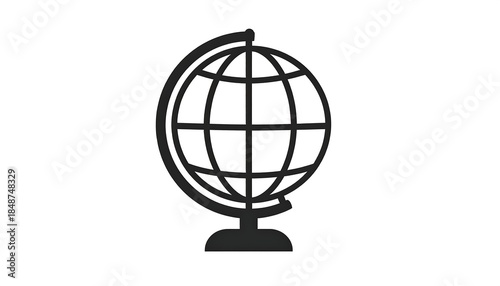 Black and white icon featuring a globe with gridlines, atop a curved stand, set on a clean, white background