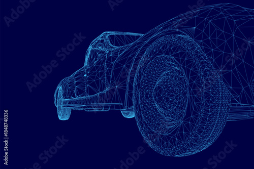 Low poly wireframe of a retro sport car with a geometric 3D effect on a solid blue background.