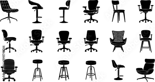 Silhouette collection of modern chairs and stools, bar seating, office furniture, ergonomic designs, vector icons for interior, furniture, and lifestyle themes