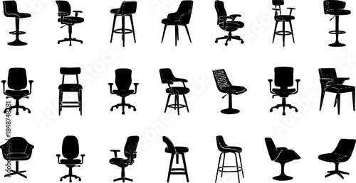 Silhouette collection of modern chairs and stools, bar seating, office furniture, ergonomic designs, vector icons for interior, furniture, and lifestyle themes