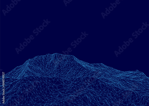 Polygonal blue mountain terrain with a wireframe design, composed of intricate lines and geometric shapes on a dark blue background.