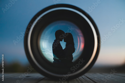 Camera lens with silhouetted couple kissing through lens on wooden surface