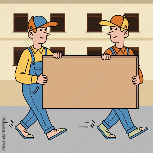 Two workers men, delivery workers down the street, walk and carry a large wooden shield. Transportation and moving goods