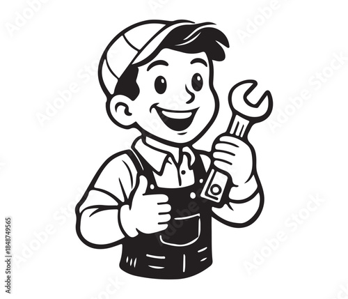 Smiling Cartoon Mechanic Ready to Help with Tools and Service