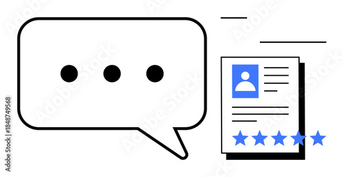 Speech bubble with three dots and a document featuring a profile picture and five stars. Ideal for feedback, customer service, online ratings, communication, reviews, evaluations, and testimonials
