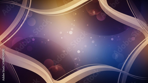 Vibrant abstract background with glowing light, gradient colors, and swirling white curves, bokeh effect, dark blue, purple, and gold hues