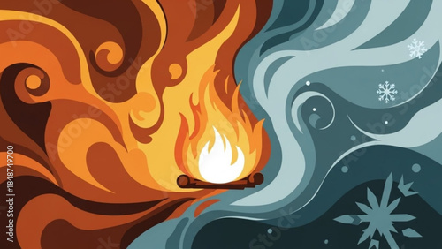 Vibrant illustration of fire and ice swirling together with flames and snowflakes in a dynamic abstract design