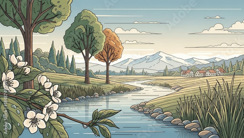 A serene landscape with a winding river flowing through a picturesque valley surrounded by trees, flowers, and mountains under a cloudy sky