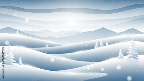 Snowy landscape with rolling hills and pine trees under a bright sun with snowfall in a serene winter wonderland scene with mountains