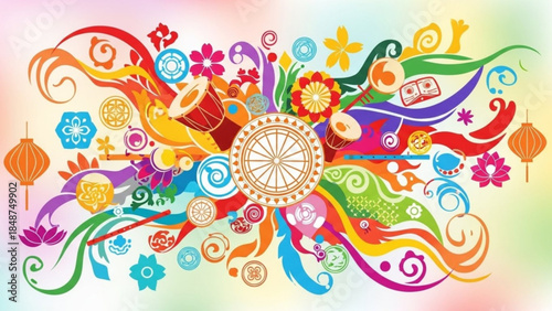 Vibrant colorful illustration with swirling patterns flowers lanterns and musical instruments in a circular design