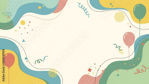 Colorful abstract background with balloons, confetti, and swirly lines, perfect for party invitations or celebration designs