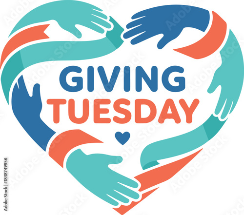 Vector illustration for Giving Tuesday featuring a heart shape formed by stylized multi-colored hands and ribbons enclosing the text, symbolizing charity, unity, and generosity.