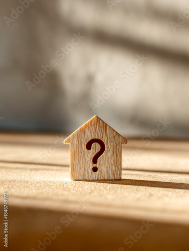 Wooden house-shaped block with red question mark symbol representing uncertainty or inquiry about real estate, home ownership, or housing decisions in natural light
