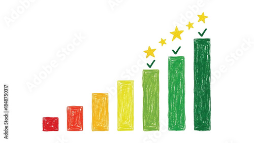 Doodle Business Bar Chart with Gold Stars and Green Checkmarks