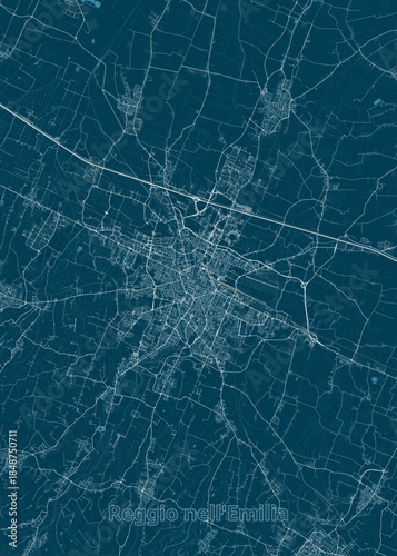 map of Reggio nell'Emilia, Italy. The map is rendered in a minimalist style, with white lines representing streets and roads against a dark blue background.