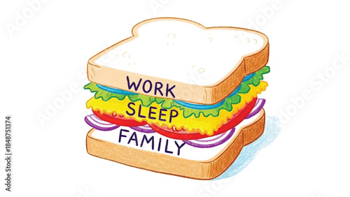 Doodle Life Balance Sandwich Work Sleep Family Illustration