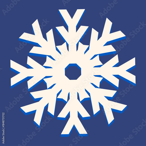 White paper snowflake with simple geometric branches on deep blue background. Winter and Christmas motif ideal for greeting cards, wrapping paper, textiles and other seasonal patterns.