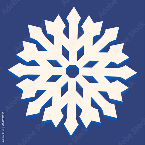 White paper snowflake with sharp geometric branches on deep blue background. Winter and Christmas motif suitable for greeting cards, patterns, wrapping paper and other seasonal design projects.