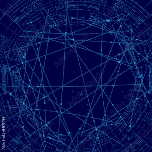 Fototapeta Naklejka Na Ścianę i Meble -  A wireframe space station blueprint features a circular pattern of lines and dots on a blue background.