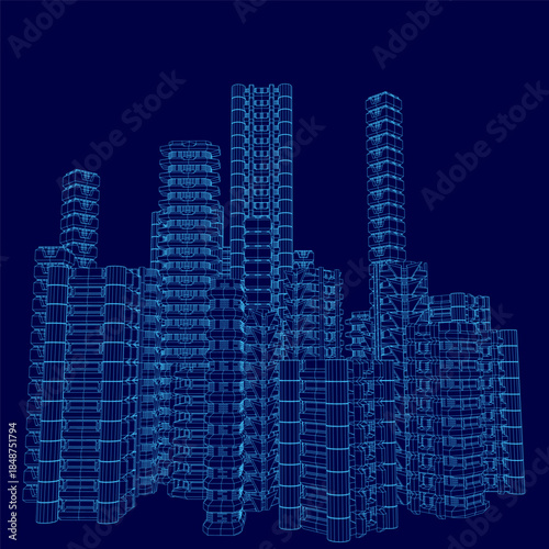 A sci-fi city blueprint features a towering multi-tower skyscraper in a detailed white wireframe against a solid blue background.