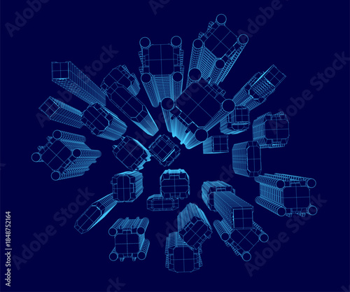 A sci-fi city wireframe model constructed from blue cubes arranged in a circular pattern, representing futuristic digital architecture.