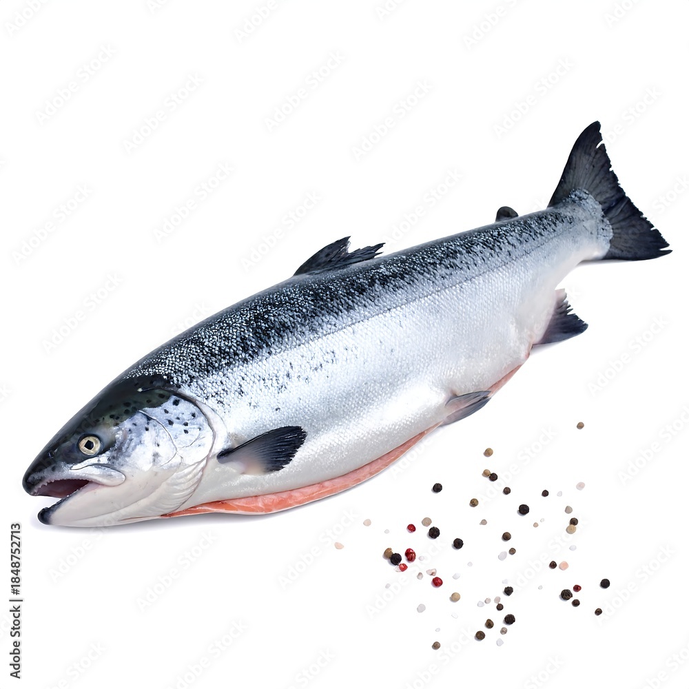 Obraz premium Fresh salmon with spices; isolated on white background