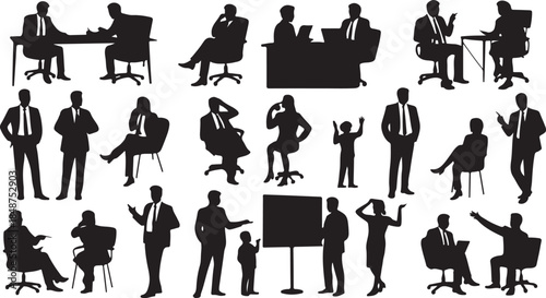 Variety of business people silhouettes in professional work and meeting scenarios