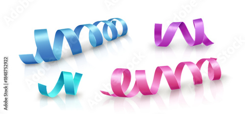 Colorful curly satin ribbons in purple, pink and blue with reflection on white surface background. Realistic 3d gift tape strips for Christmas or birthday celebration decoration - vector set.