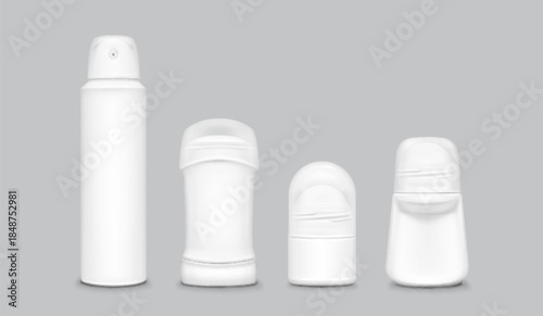 White deodorant mockup collection with roll on, spray bottle and stick container in 3d cosmetic design. Blank hygiene product set with caps for personal care branding and antiperspirant packaging.