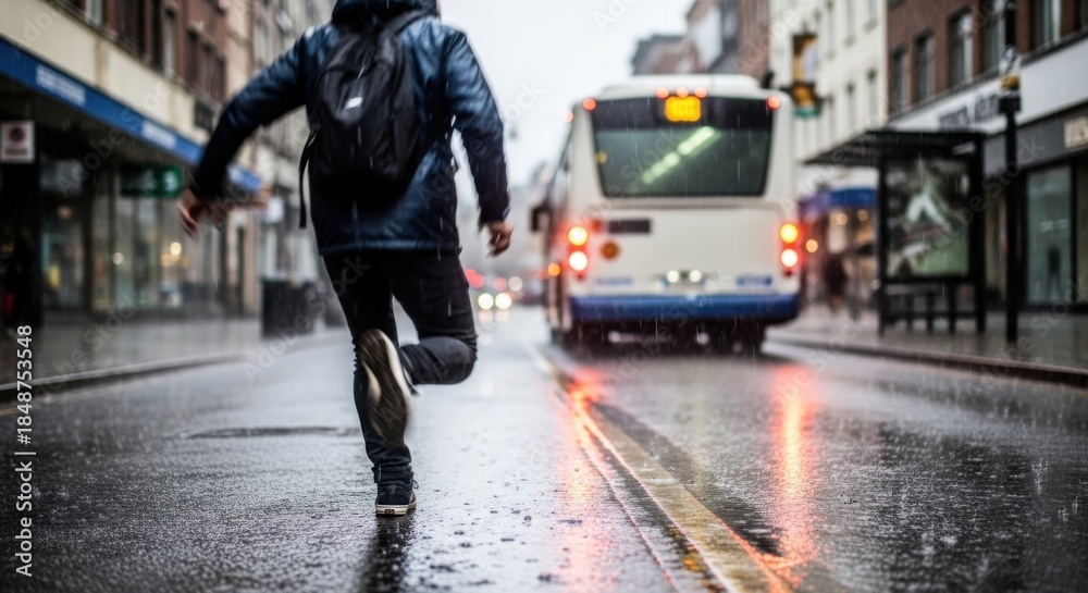 Fototapeta premium Man running to catch bus on a rainy city street.