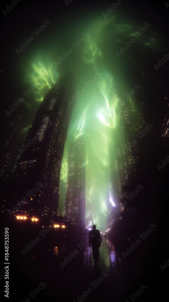 Fototapeta premium Mystical Metropolis: Silhouette figures gaze upon a towering cityscape enveloped in an ethereal green glow. A visual ode to an unknown future or otherworldly presence.
