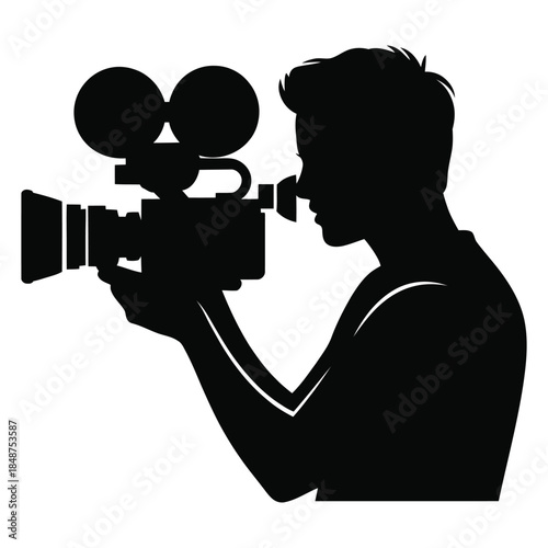 A black silhouette of a videographer operating camera, capturing visual stories with professional equipment, embodying the art of cinematography