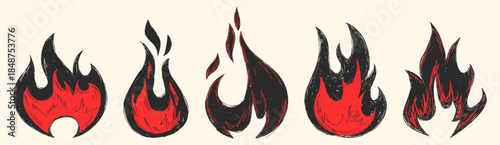 Hand drawn doodle fire icons set isolated on background. Vector cartoon illustration of abstract red and black flame sketches, hot food, chili pepper or burning heat symbol, line art tattoo design
