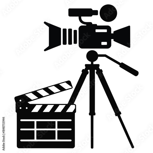 A black silhouette of video camera with clapper board on a tripod, symbolizing professional film production and cinematic artistry, essential equipment for movie making