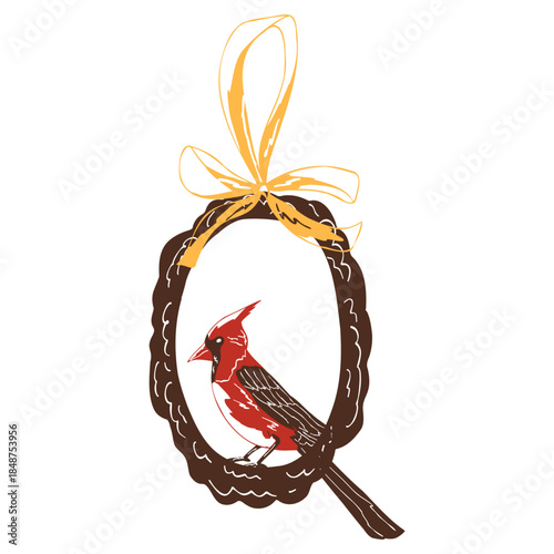 Christmas cardinal bird ornament with a bow in simple hand drawn style. Vintage art with festive colors for Holiday celebration. Vector whimsical illustration for cards, packaging, sticker