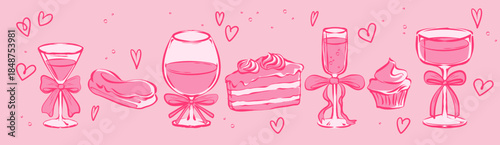 Cocktail glasses with ribbon bows and cakes on pink background. Vector illustration of hand drawn coquette martini, wine, champagne drinks, sweet desserts, wedding decoration, party invitation design