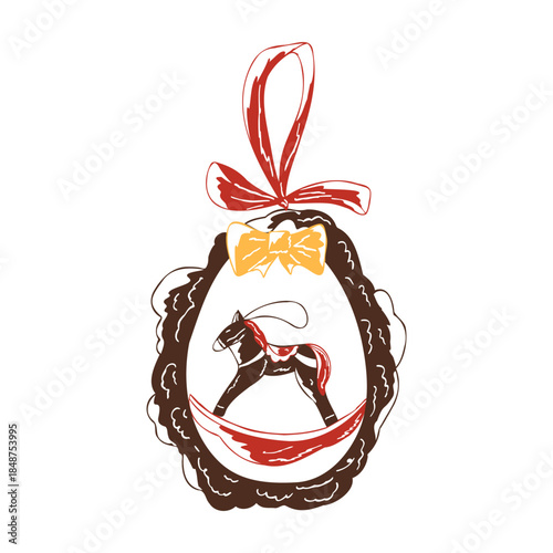 Christmas rocking horse ornament with a bow in simple hand drawn style. Vintage art with festive colors for Holiday celebration. Vector whimsical illustration for cards, packaging, sticker