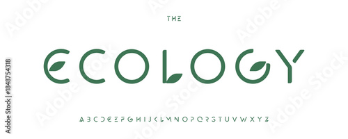 Green Eco Font Leaf Logo Alphabet Thin Elegant Letters Set Modern Typography, Nature Typographic Design for Title Text, Typo Poster Headline, Type Symbol Logotype, Sans Serif Fonts. Vector Typeface
