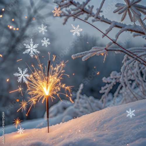 burning sparkler in snow, winter nature abstract background. Christmas and new year holidays. festive winter season. dreams, fantasy, romantic atmosphere image. Hello or goodbye winter concept
