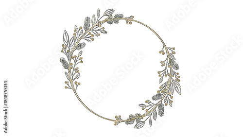 Elegant floral wreath with delicate leaves and berries on a white background
