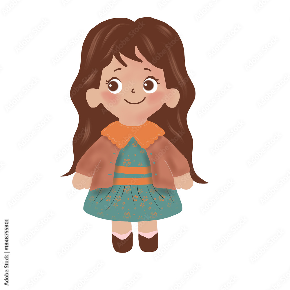 Fototapeta premium Cute Little Girl Character Illustration with Long Brown Hair and Vintage Dress.