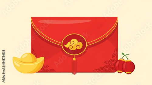 Red envelope with gold ingot and lanterns traditional Chinese New Year decoration for luck and prosperity isolated on light back