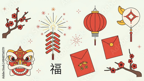 Chinese New Year icons including lion dance firecrackers lanterns and plum blossoms for festive celebrations and design