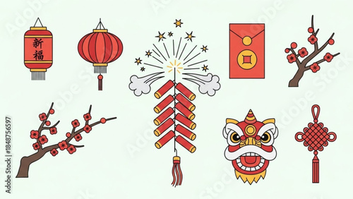 Chinese New Year icons set including lanterns firecrackers lion dance head and plum blossoms flat vector illustration for festiv