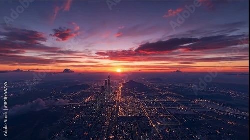 Vibrant sunset illuminates sprawling cityscape with glowing lights below