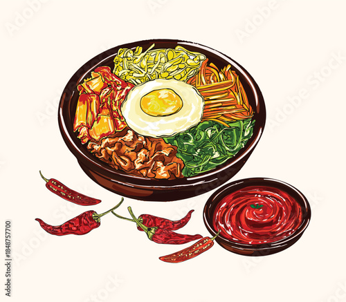 Mixed vegetable rice bowl with chili sauce side